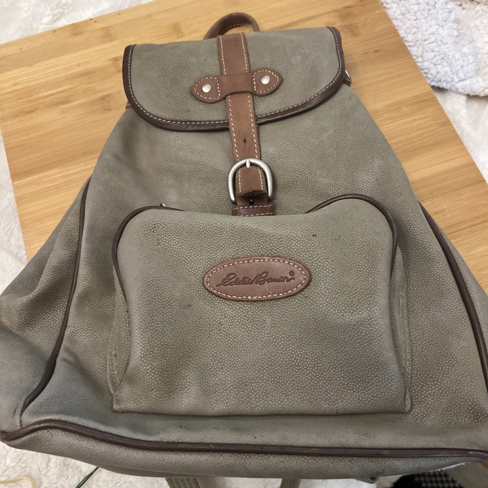 Classic Eddie Bauer vtg Leather Backpack Brown Tan Green Rucksack